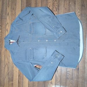 Vintage 90s/Y2K Men's Charcoal Cotton Button-Up with stripe detail shirt size L